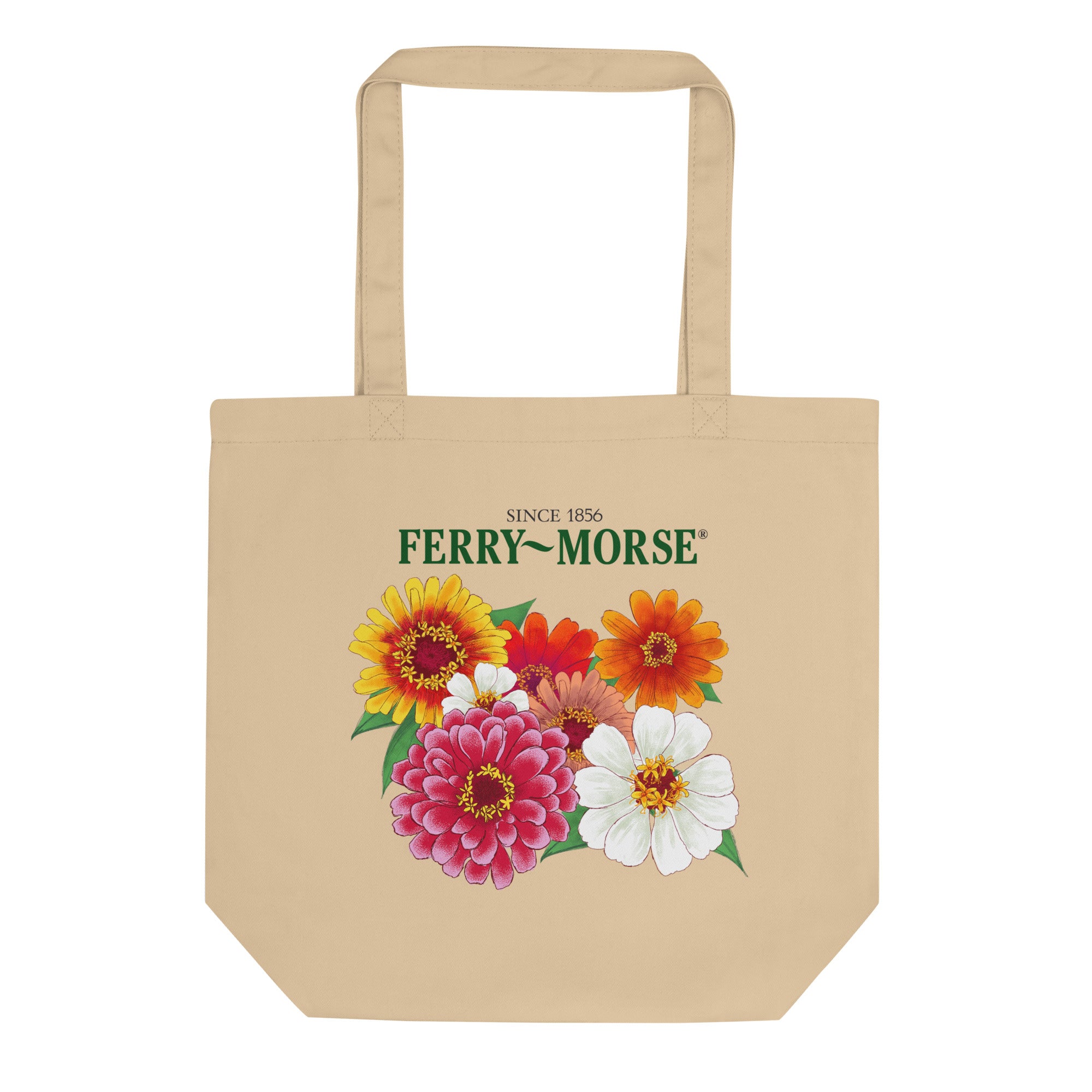 A beige bag with colorful zinnias printed on the front
